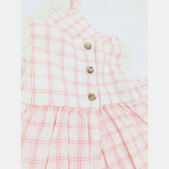 Tahati Baby Dress and Hat Girl 3-6 Months Pink Plaid Eyelet Ruffle Cottage Retro - Picture 8 of 11